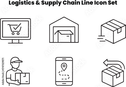 Minimalist line icons representing e-commerce fulfillment stages — from order confirmation to shipment delivery. Includes packaging, labeling, return, and tracking visuals. Perfect for online store da