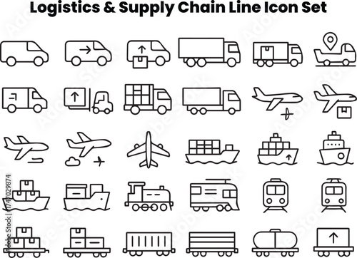 Clean transport and fleet management icons representing vehicles, GPS tracking, maintenance, and telematics. Great for apps, dashboards, logistics reports, and smart transportation UI kits. Emphasizes