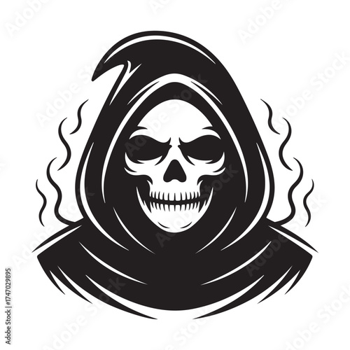 Grim reaper skull face with dark hood and eerie smoke wisps