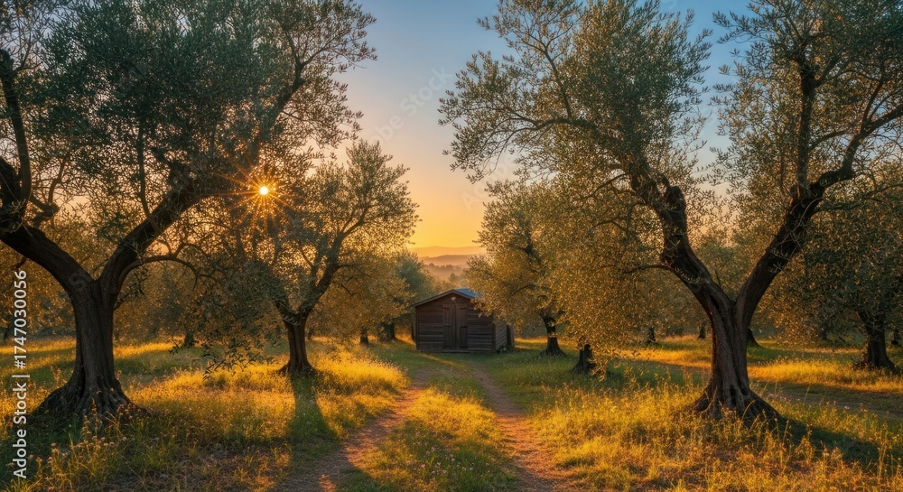 Fototapeta premium Golden light bathes a tranquil olive grove