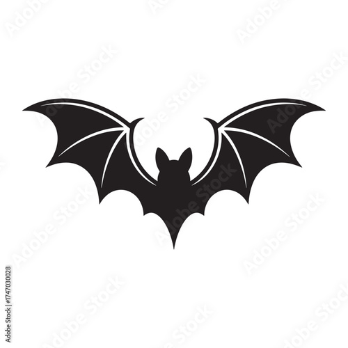 Black silhouette of a flying bat with outstretched wings against a white background