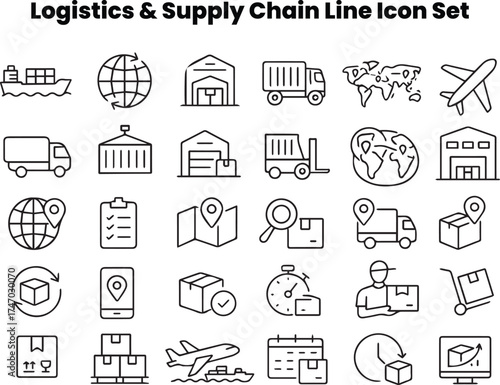 A professional icon collection showing refrigeration, cold storage, and perishable transport processes. Features temperature sensors, ice symbols, refrigerated trucks, and thermal packaging. Best for 