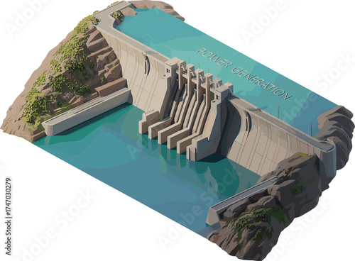 Modern hydroelectric dam with flowing water reservoir, renewable energy power generation structure surrounded by rocky mountains, sustainable engineering concept illustration