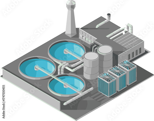 Modern industrial wastewater treatment facility with purification tanks and filtration systems, eco friendly water recycling plant for clean water management