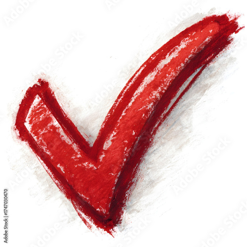 Vibrant red check mark symbol of success approval and completion on white