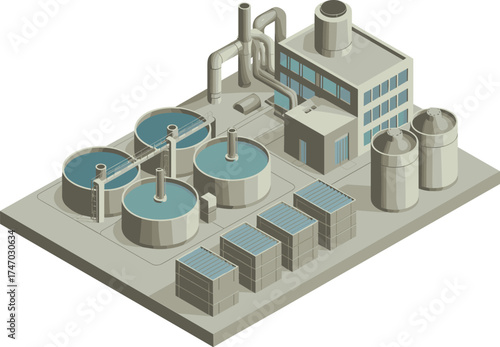 Modern industrial wastewater treatment facility with purification tanks and filtration systems, eco friendly water recycling plant for clean water management