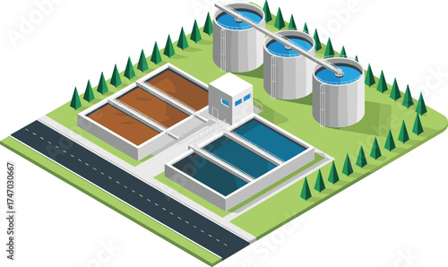 Modern wastewater treatment plant with purification tanks and clean water reservoirs, eco friendly sewage facility infrastructure for water recycling and management
