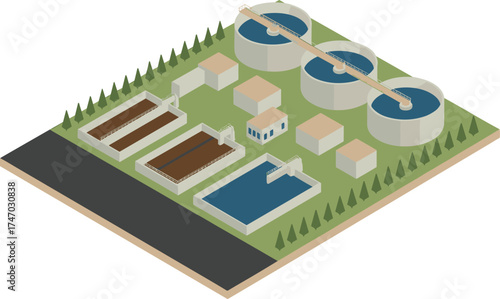 Modern wastewater treatment plant with purification tanks and clean water reservoirs, eco friendly sewage facility infrastructure for water recycling and management