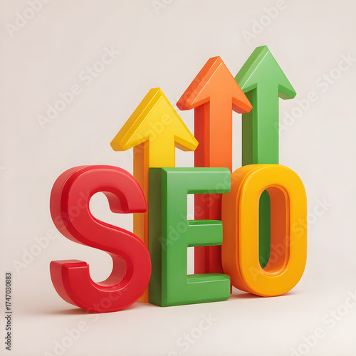 Vibrant seo text graphic with red yellow orange and green arrows pointing upwards