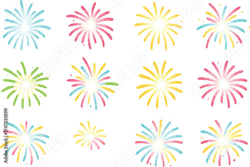 A grid of twelve colorful fireworks, each depicted in various styles and arrangements
