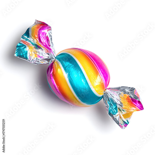 Vibrant spiral wrapped candy with rainbow colors and shiny foil packaging
