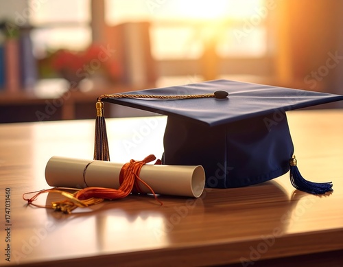 Graduation cap and diploma on a table.  Blurred home office background