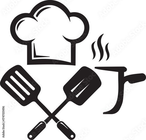 chef hat crossed spatulas and steaming pan icon for cooking food kitchen restaurant or culinary concept