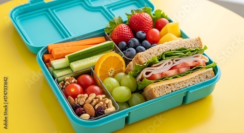 Close up of a healthy packed lunchbox with sandwich and fresh produce