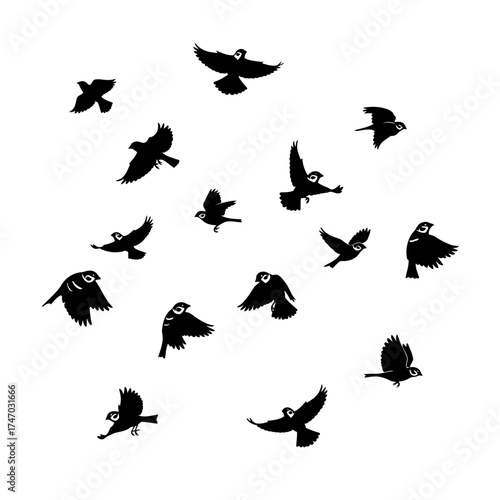 Flock of black birds in flight against a white background.