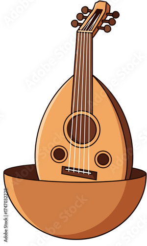 Vector of oud musical instrument in cartoon style, plain backdrop.