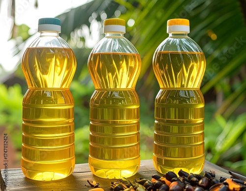 Three plastic bottles of golden-yellow cooking oil, likely palm oil, stand on a wooden surface outdoors.  Blurred background shows greenery and a rural setting