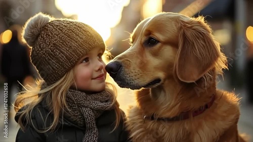 Girl enjoys a warm moment with her golden retriever during a sunset stroll in the park