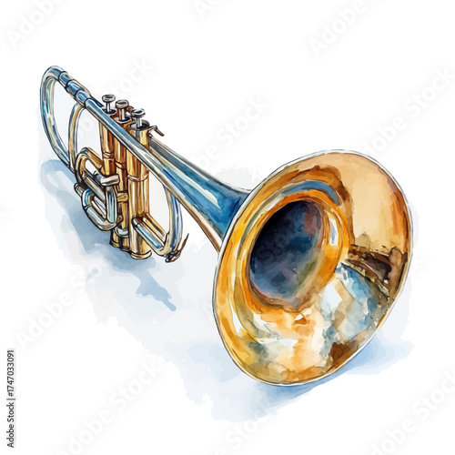 Trombone, watercolor illustration vector, isolated on a white background.