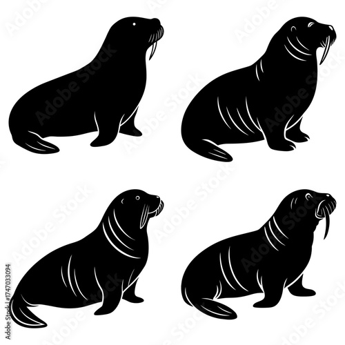 Four black walruses with tusks in a pattern on a white background in a vector style illustration