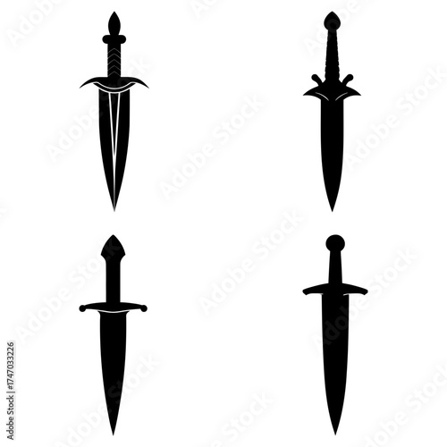 Silhouette illustration featuring four distinct sword designs arranged in a square format on white