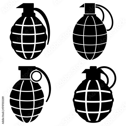 Four black and white hand grenade illustrations with different designs and safety pin styles present