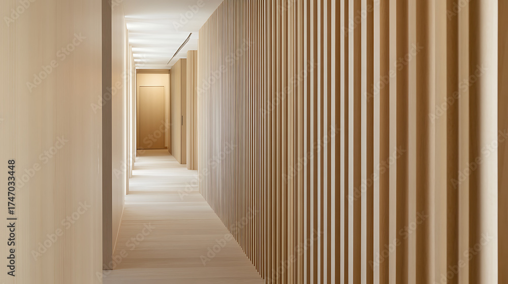 Fototapeta premium Modern hallway with light wood paneling and flooring creates a minimalist, serene and inviting atmosphere. Clean lines and neutral tones enhance the contemporary design.