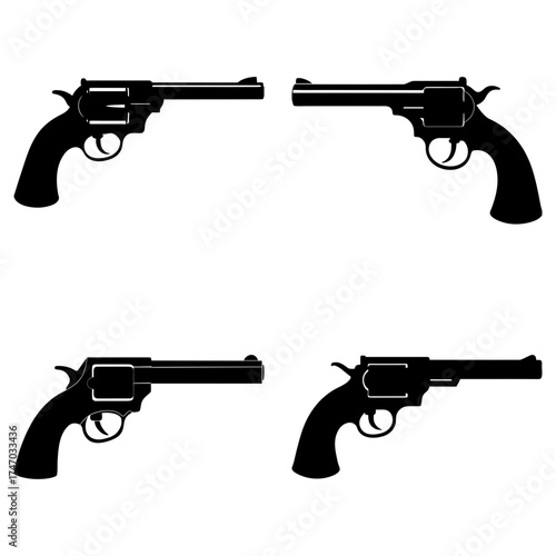 Four black silhouette revolver guns pointing in different directions on a white background image design