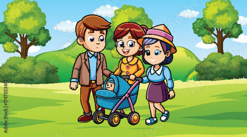 Family Stroll in the Park: A heartwarming illustration depicting a family of three adults and a baby in stroller, enjoying a leisurely walk through a park.