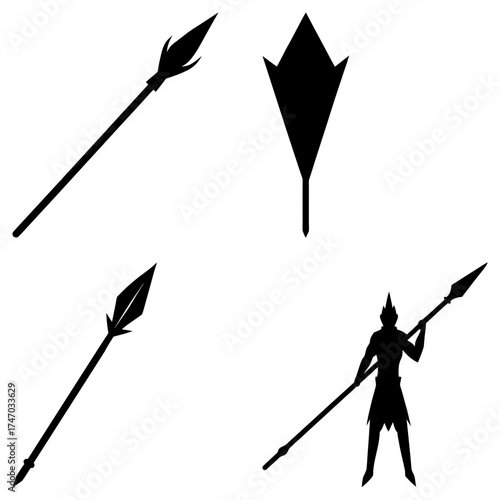 Silhouette illustration of a warrior holding a spear with additional spears and shield elements displayed