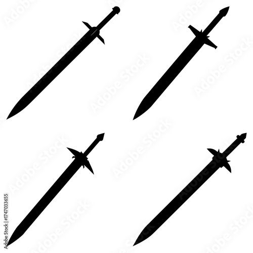Four black sword silhouettes arranged in a square pattern on a white background showcasing weaponry