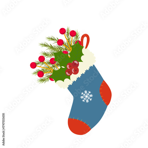 Christmas stocking with holly leaves berries and pine branches festive winter decoration for holiday design