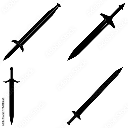 Collection of four black silhouette sword illustrations on a white background in various orientations