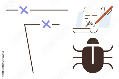 Code lines with error marks, a bug symbol, and a signed document. Ideal for coding, debugging, quality assurance, testing, error detection software development and technology management. Clean flat
