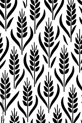 Stylized black wheat stalks seamless pattern on white background