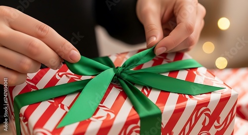 Hands tying a green ribbon on a red and white striped christmas gift