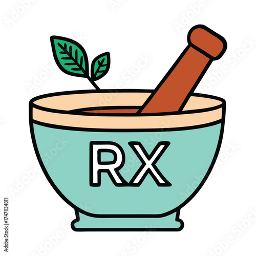 A classic mortar and pestle engraved with “Rx,” symbolizing pharmacy, medicine, and traditional remedies, perfect for health and apothecary themes.
