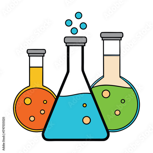 Transparent chemical beakers of varying sizes, filled with colorful liquids, used in labs for mixing, measuring, and conducting experiments safely and precisely.
