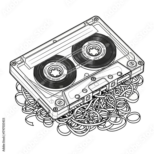 Audio Cassette Tape with Tangled Magnetic Ribbon Retro Music Vector Illustration