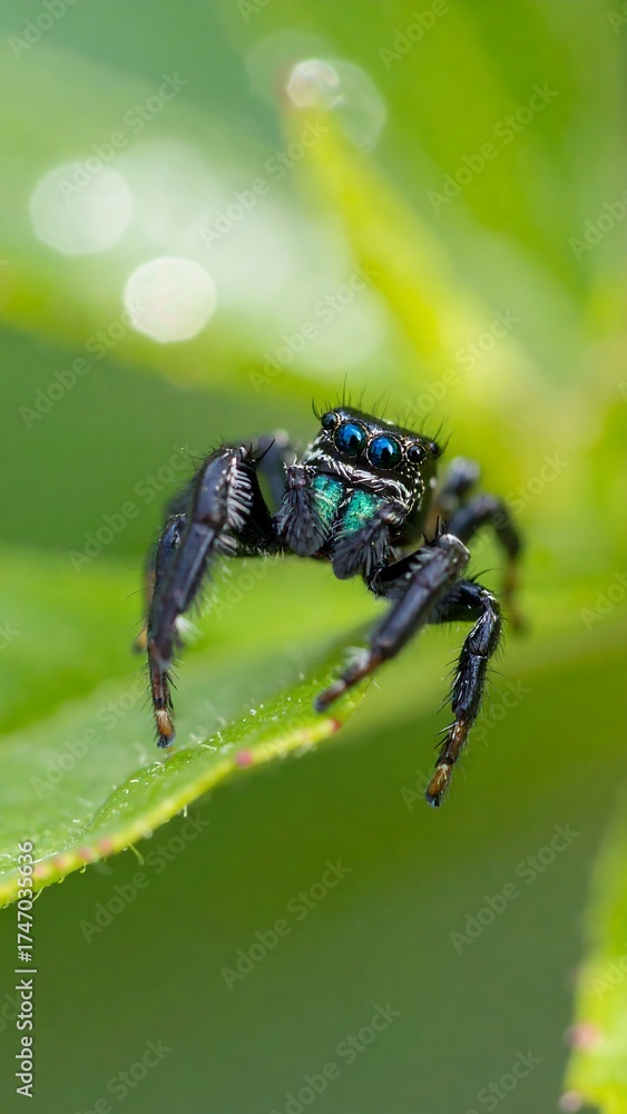 Naklejka premium Close-up of a jumping spider on a leaf. A small, black jumping spider with turquoise accents is centered on a vibrant green leaf. Shallow depth of field isolates the spider