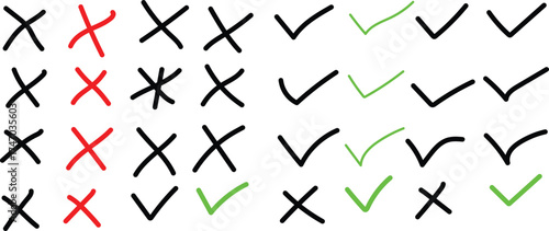 Collection of hand-drawn check marks and x marks in various styles and colors