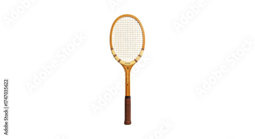 Vintage wooden tennis racket with brown leather grip and classic design