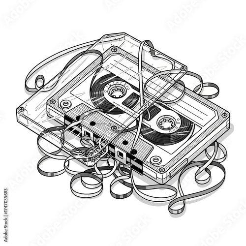Audio Cassette Tape with Tangled Magnetic Ribbon Retro Music Vector Illustration