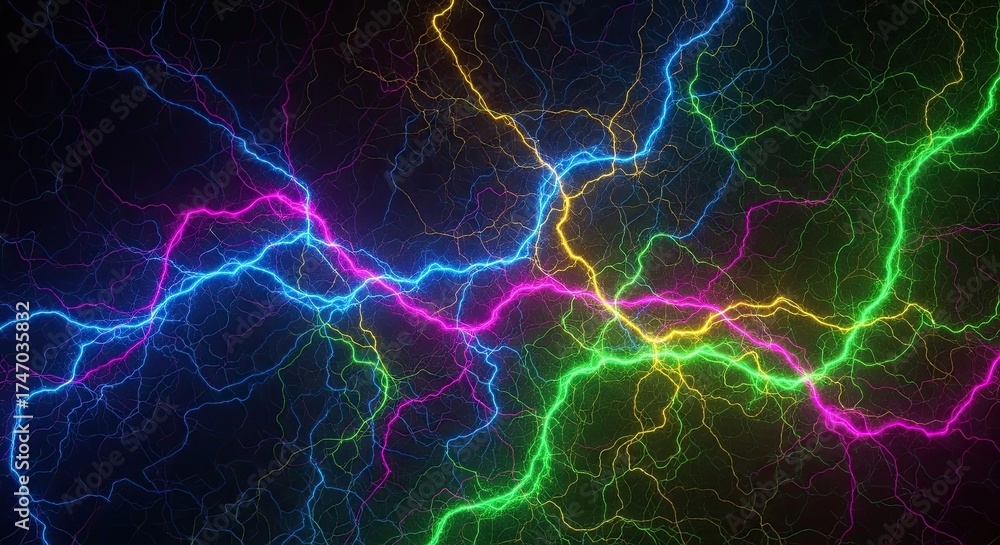 Fototapeta premium Vibrant neon lightning strikes illuminate dark sky with electric