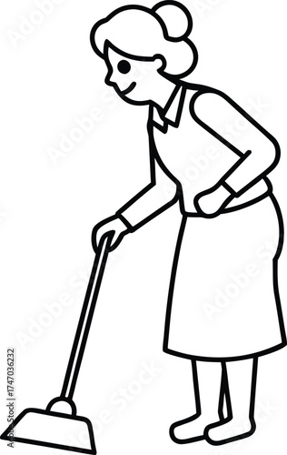Senior woman sweeping floor with broom line art vector on white background cleaning house