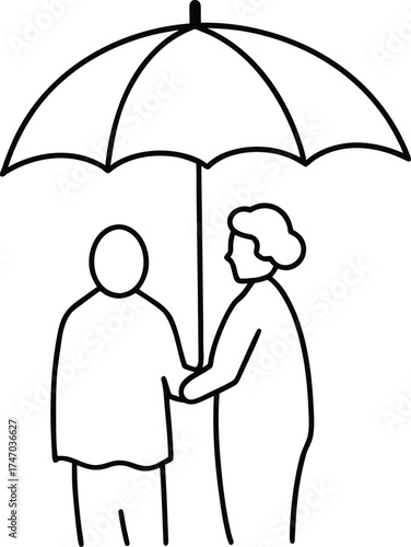 Two figures under a large black outline umbrella couple people