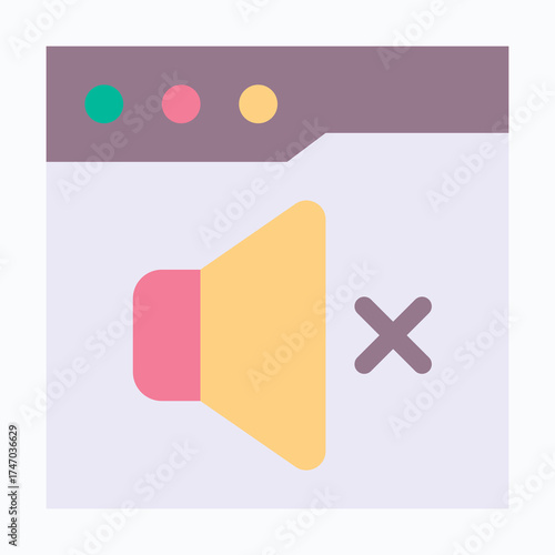 Mute Speaker Icon in Browser Interface, Isolated Vector Flat Style Icon. 
