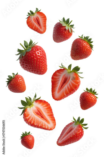 Scattered Fresh Strawberries and Slices isolated on a transparent background