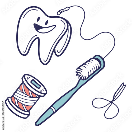 Cartoon dental hygiene set with happy tooth, toothbrush, and dental floss