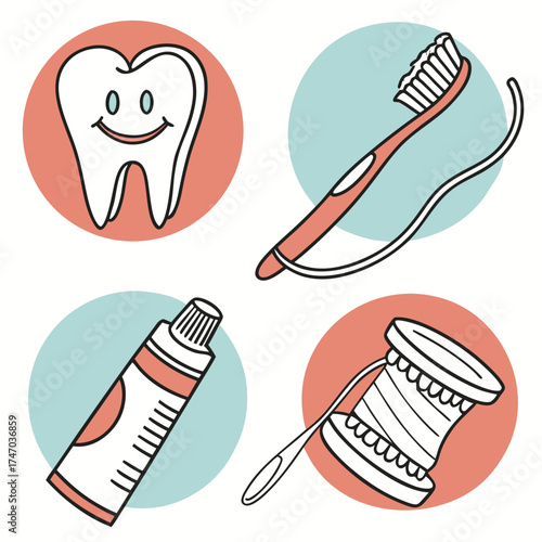 Cartoon dental hygiene set with happy tooth